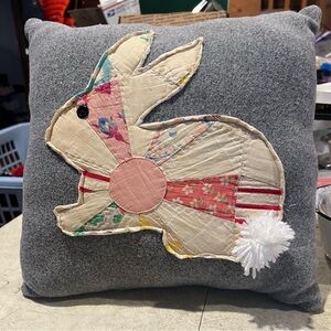 Gray Pillow with Patchwork Bunny Design